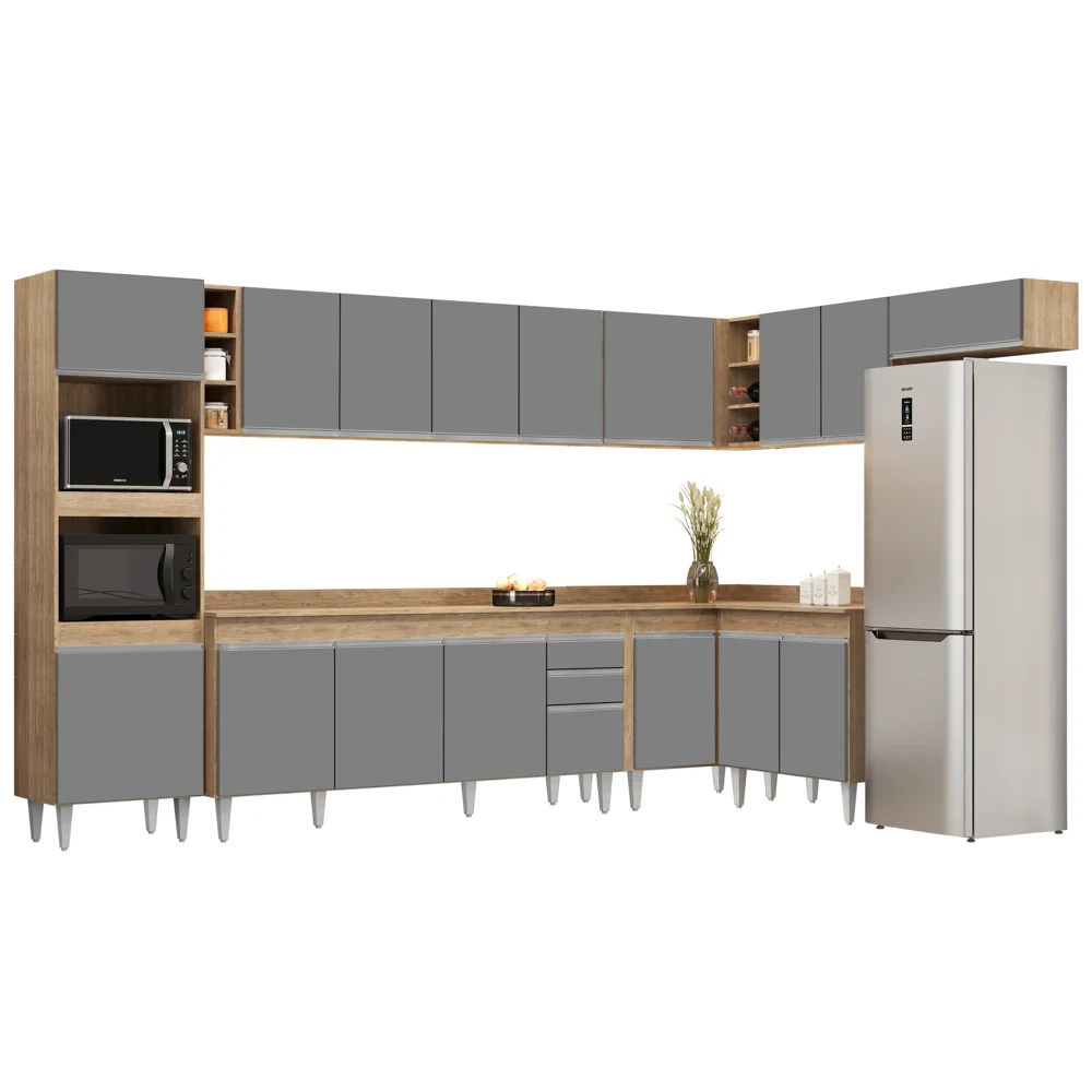 Armário de Cozinha Modulada de Canto 9 Peças CP05 Balcão com Tampo Castanho/Cinza - Lumil