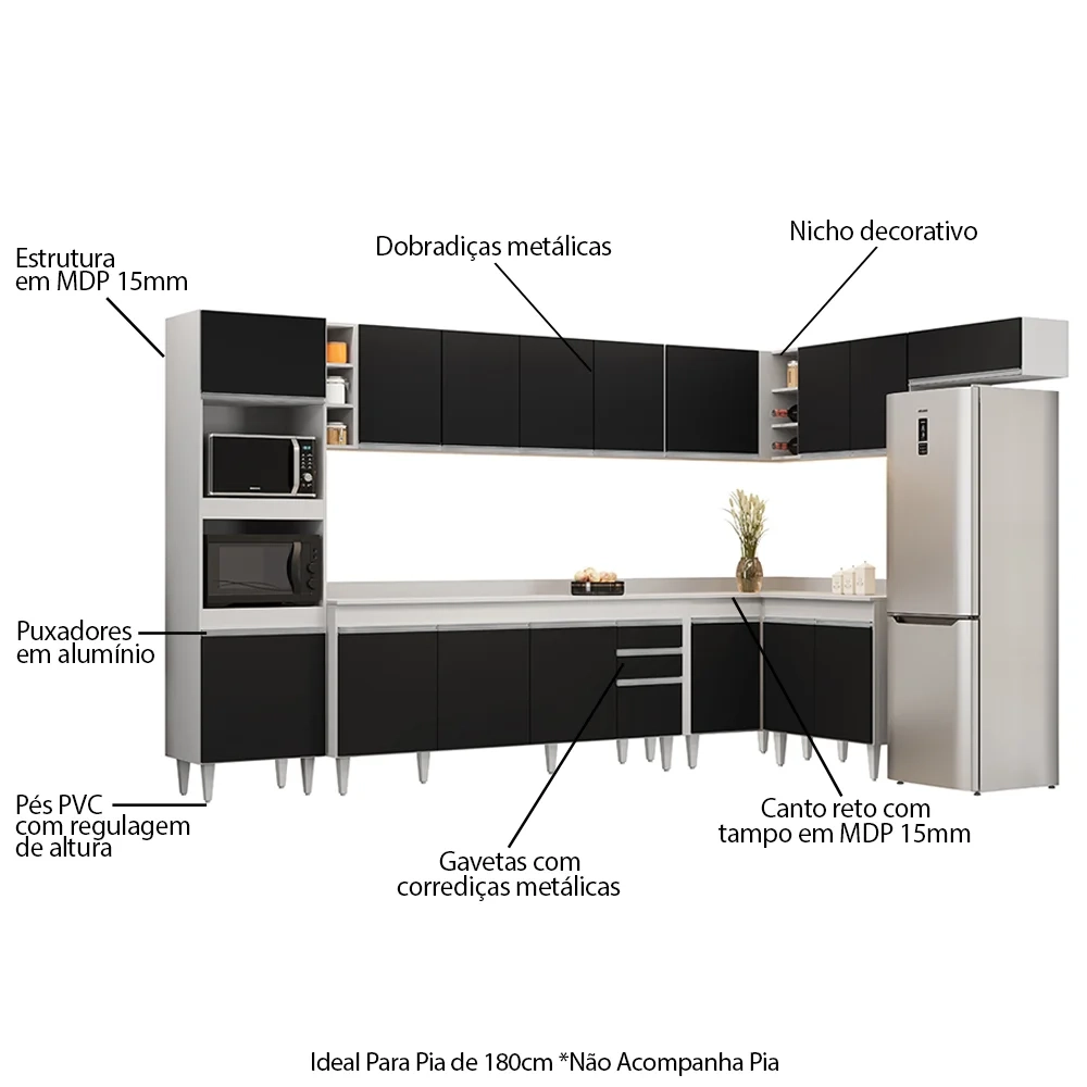 Armário de Cozinha Modulada de Canto 9 Peças CP05 Balcão com Tampo Branco/Preto - Lumil
