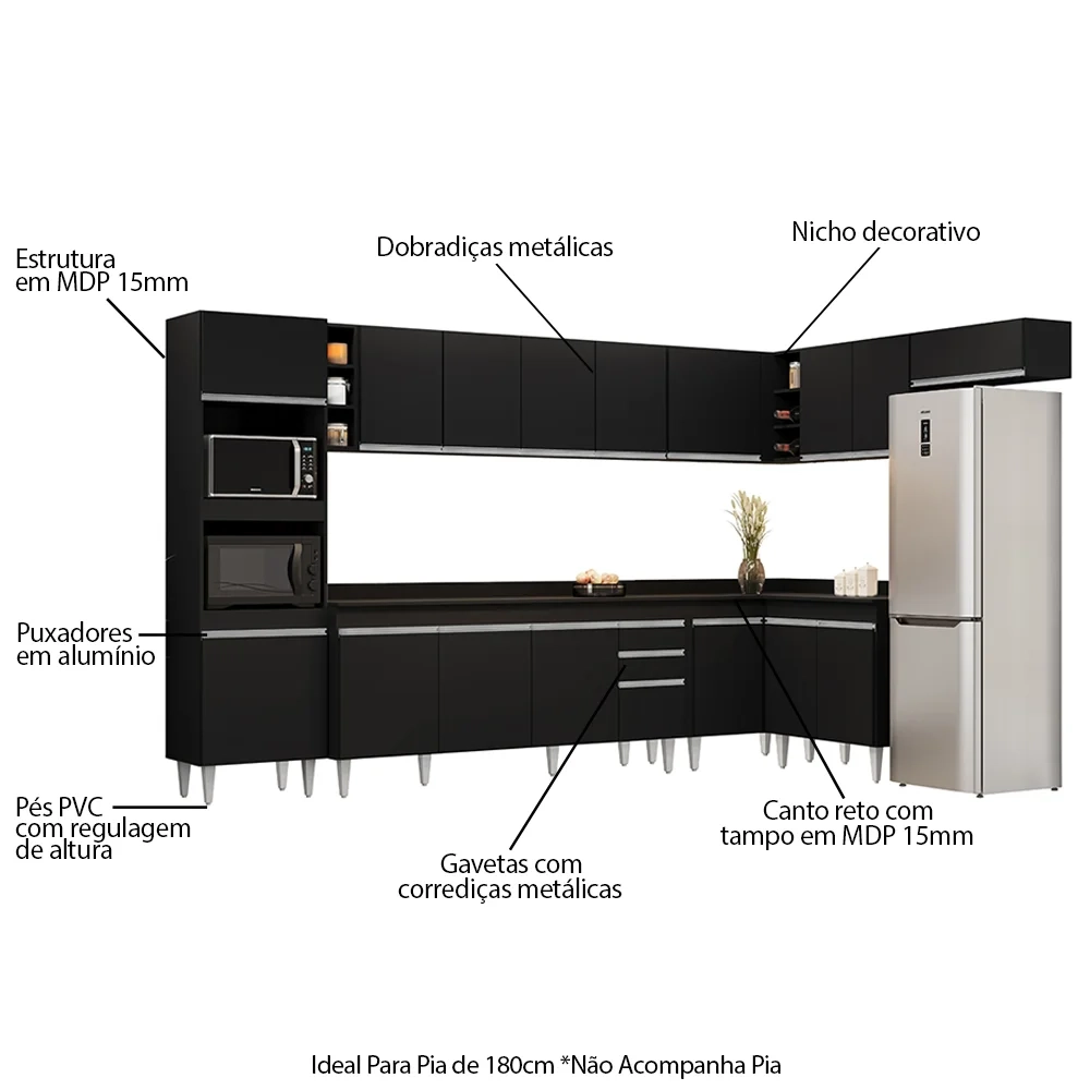 Armário de Cozinha Modulada de Canto 9 Peças CP05 Balcão com Tampo Preto - Lumil