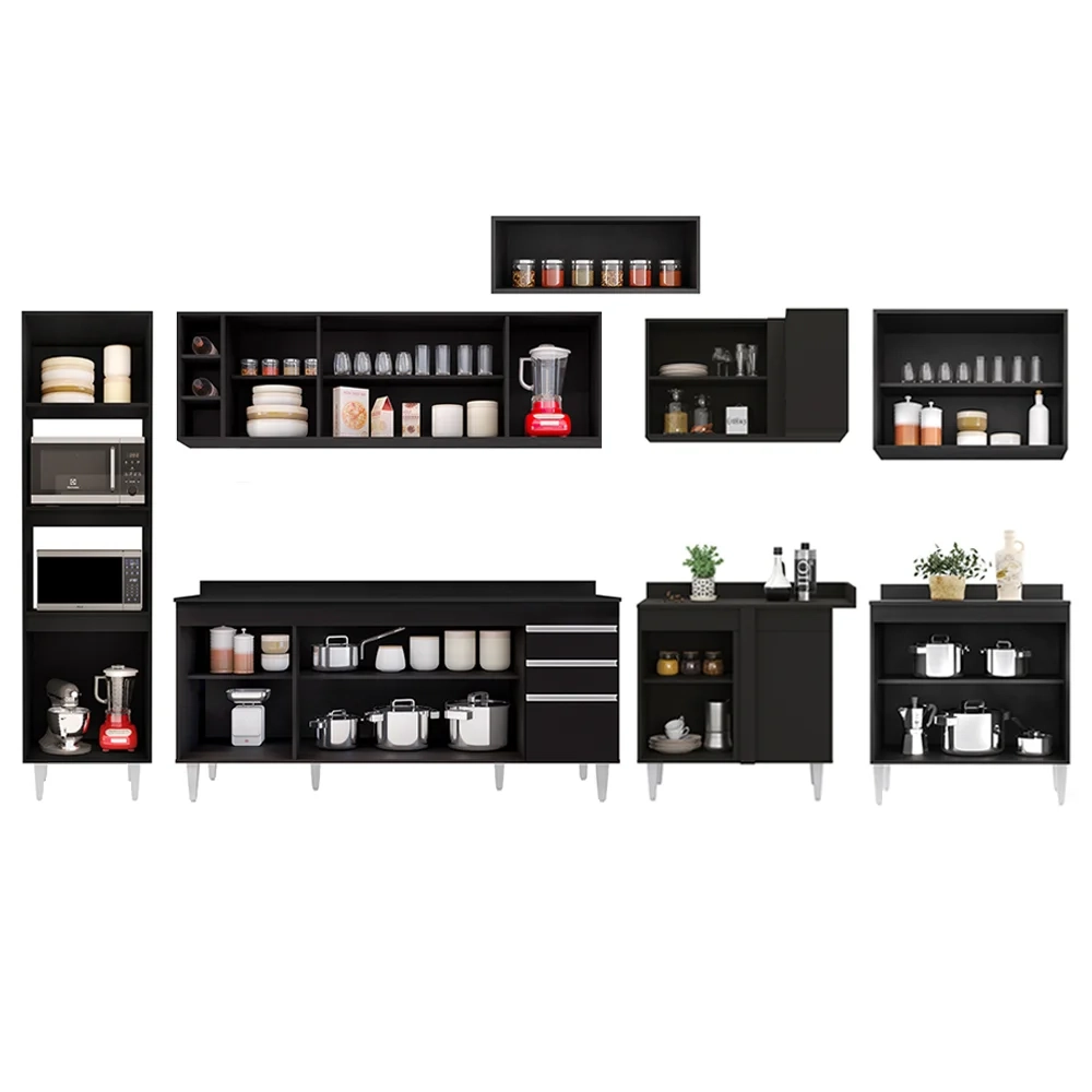 Armário de Cozinha Modulada de Canto 9 Peças CP05 Balcão com Tampo Preto - Lumil