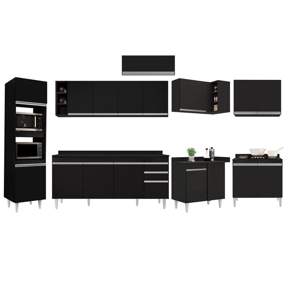 Armário de Cozinha Modulada de Canto 9 Peças CP05 Balcão com Tampo Preto - Lumil