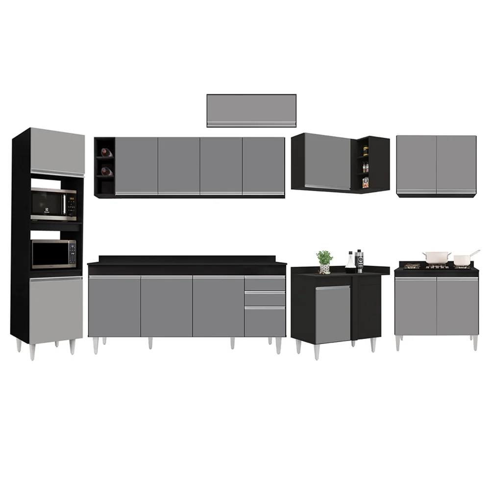Armário de Cozinha Modulada de Canto 9 Peças CP05 Balcão com Tampo Preto/Cinza -