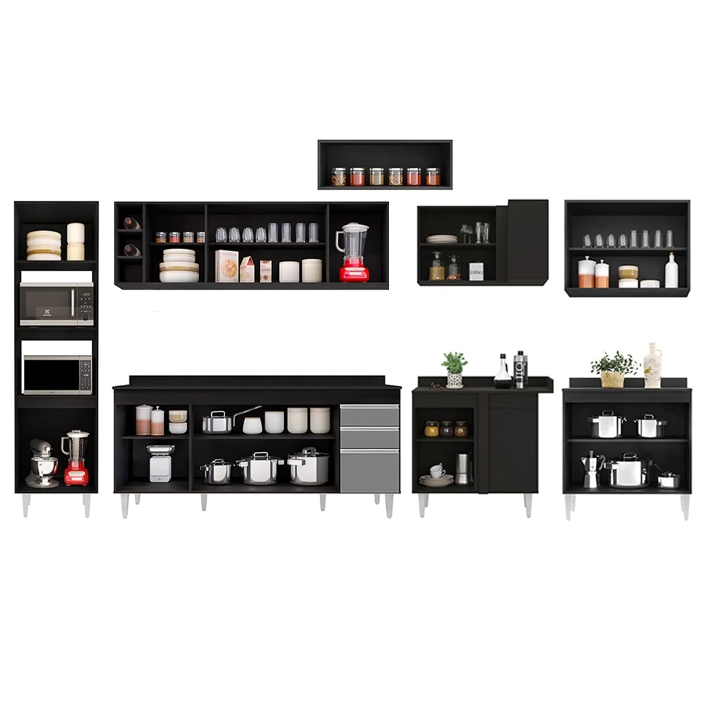 Armário de Cozinha Modulada de Canto 9 Peças CP05 Balcão com Tampo Preto/Cinza -
