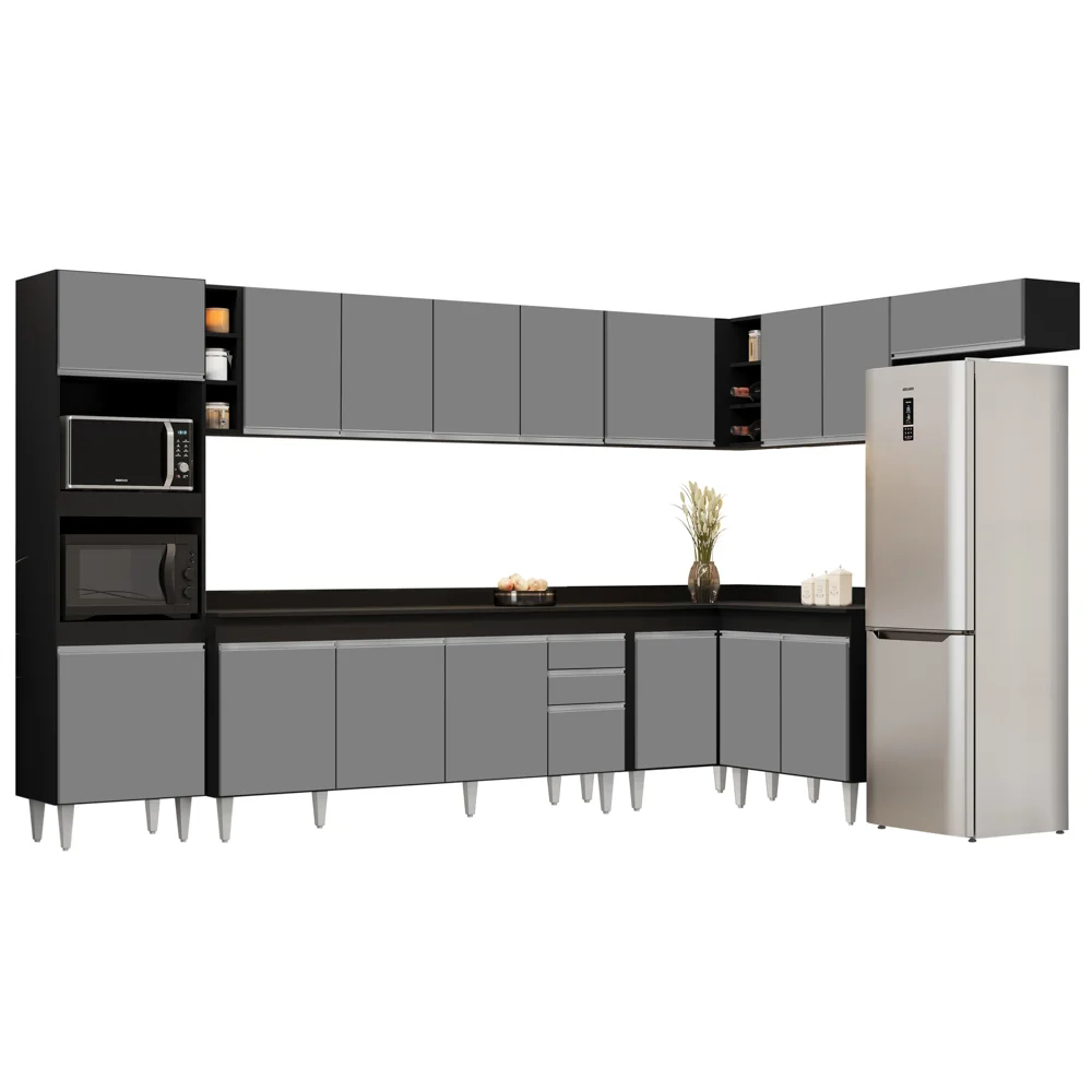 Armário de Cozinha Modulada de Canto 9 Peças CP05 Balcão com Tampo Preto/Cinza -