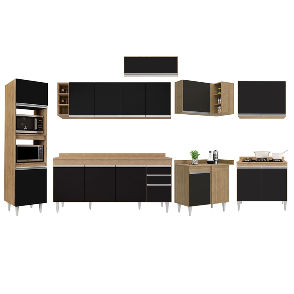 Armário de Cozinha Modulada de Canto 9 Peças CP05 Balcão com Tampo Castanho/Preto - Lumil