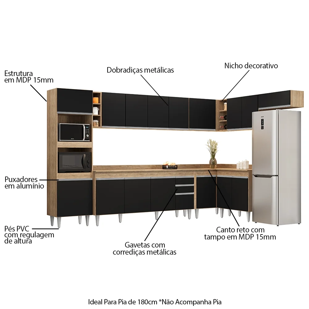 Armário de Cozinha Modulada de Canto 9 Peças CP05 Balcão com Tampo Castanho/Preto - Lumil