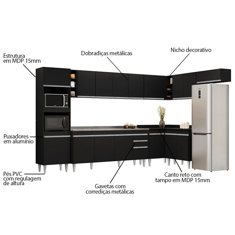 Armário de Cozinha Modulada de Canto 9 Peças CP06 Balcão com Pia Inox Preto - Lumil
