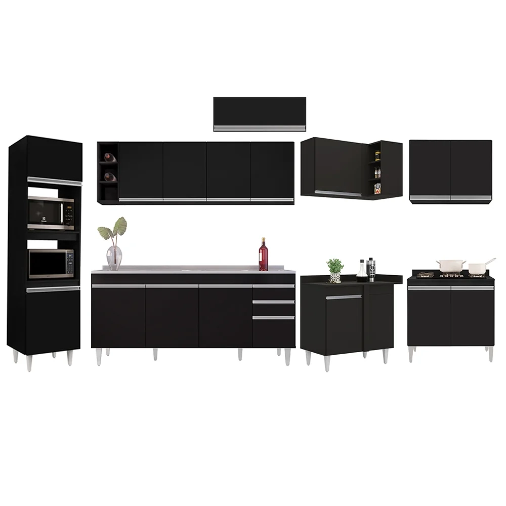 Armário de Cozinha Modulada de Canto 9 Peças CP06 Balcão com Pia Inox Preto - Lumil