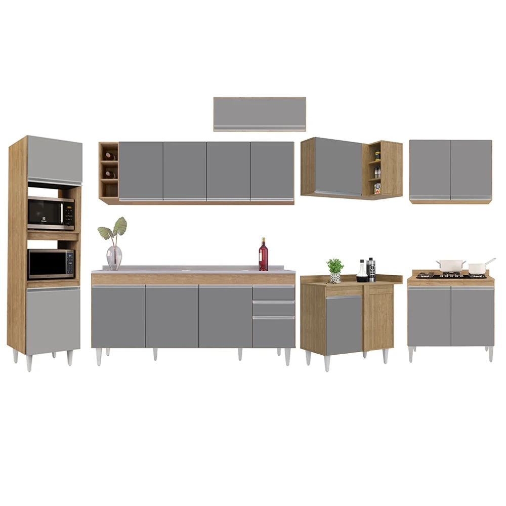 Armário de Cozinha Modulada de Canto 9 Peças CP06 Balcão com Pia Inox Castanho/Cinza - Lumil