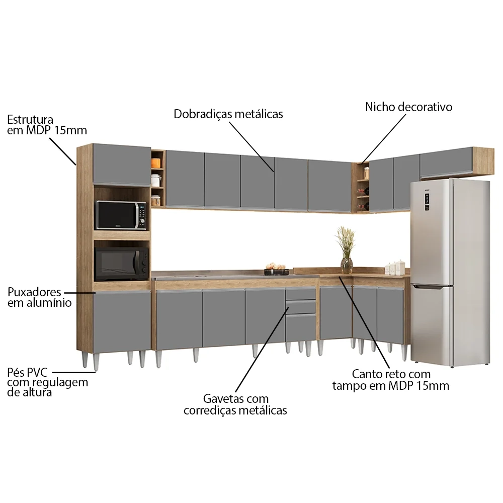 Armário de Cozinha Modulada de Canto 9 Peças CP06 Balcão com Pia Inox Castanho/Cinza - Lumil