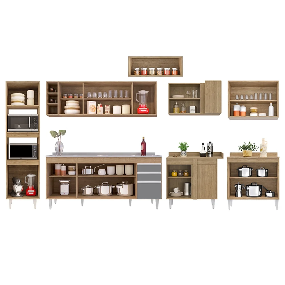 Armário de Cozinha Modulada de Canto 9 Peças CP06 Balcão com Pia Inox Castanho/Cinza - Lumil