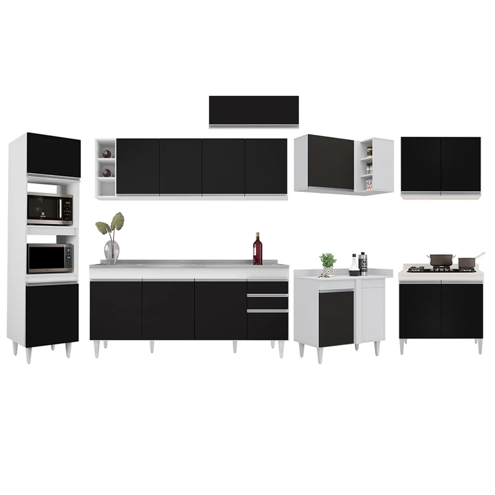 Armário de Cozinha Modulada de Canto 9 Peças CP06 Balcão com Pia Inox Branco/Preto - Lumil