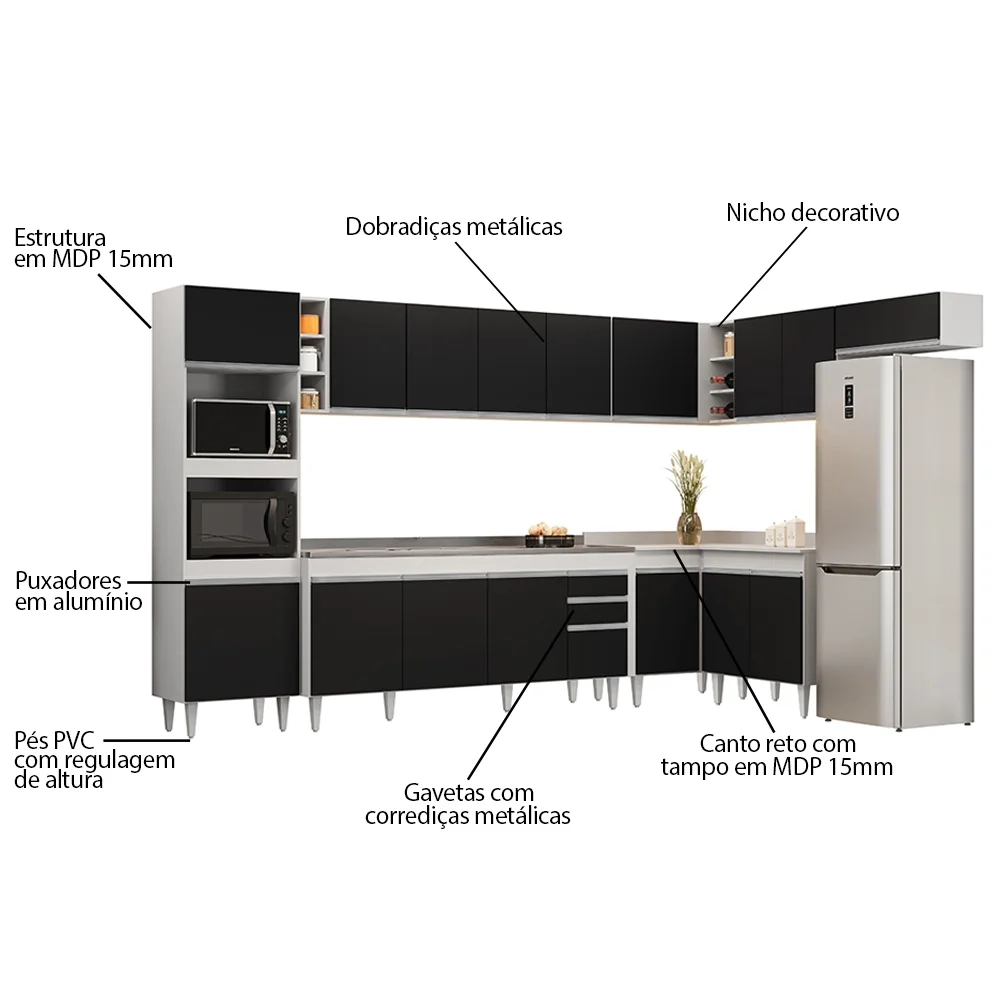 Armário de Cozinha Modulada de Canto 9 Peças CP06 Balcão com Pia Inox Branco/Preto - Lumil