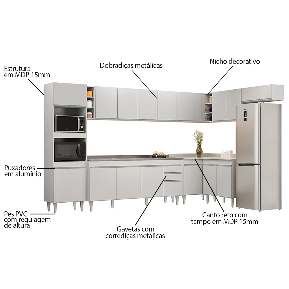 Armário de Cozinha Modulada de Canto 9 Peças CP06 Balcão com Pia Inox Branco - Lumil