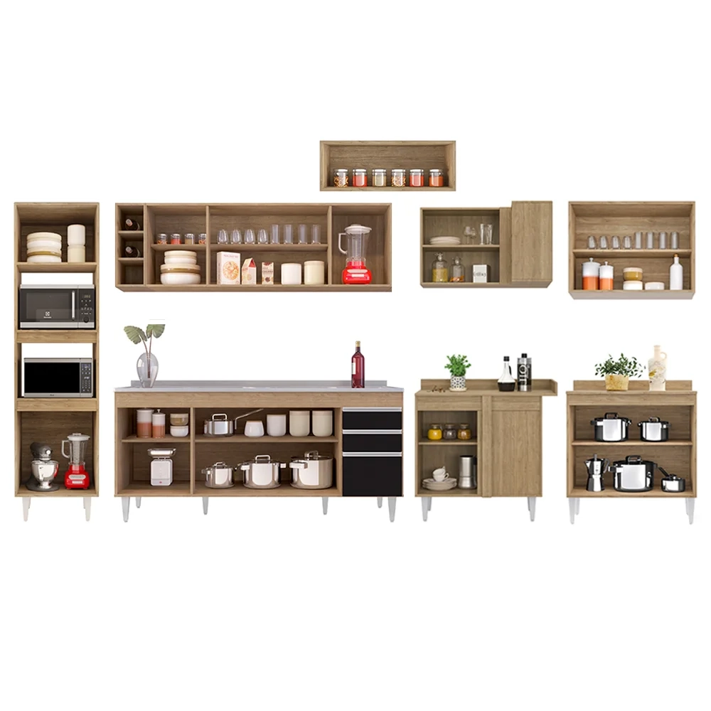 Armário de Cozinha Modulada de Canto 9 Peças CP06 Balcão com Pia Inox Castanho/Preto - Lumil