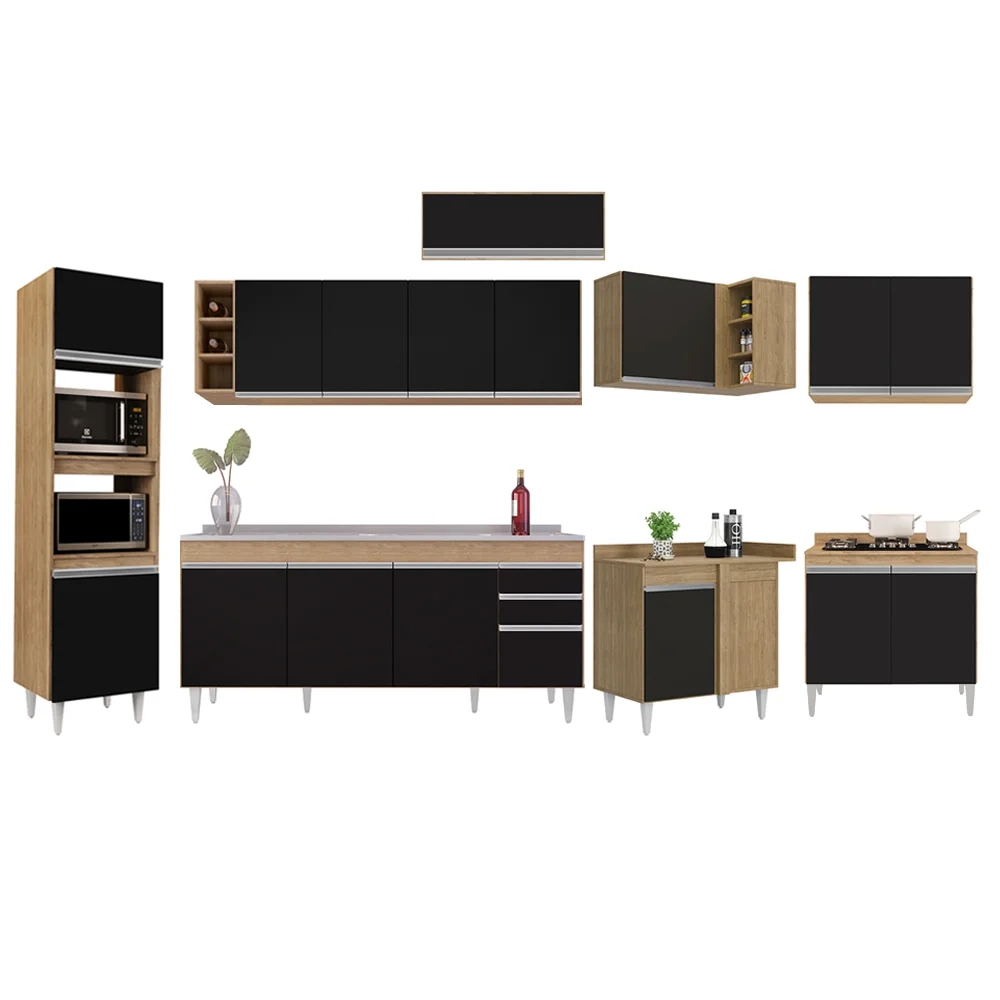 Armário de Cozinha Modulada de Canto 9 Peças CP06 Balcão com Pia Inox Castanho/Preto - Lumil