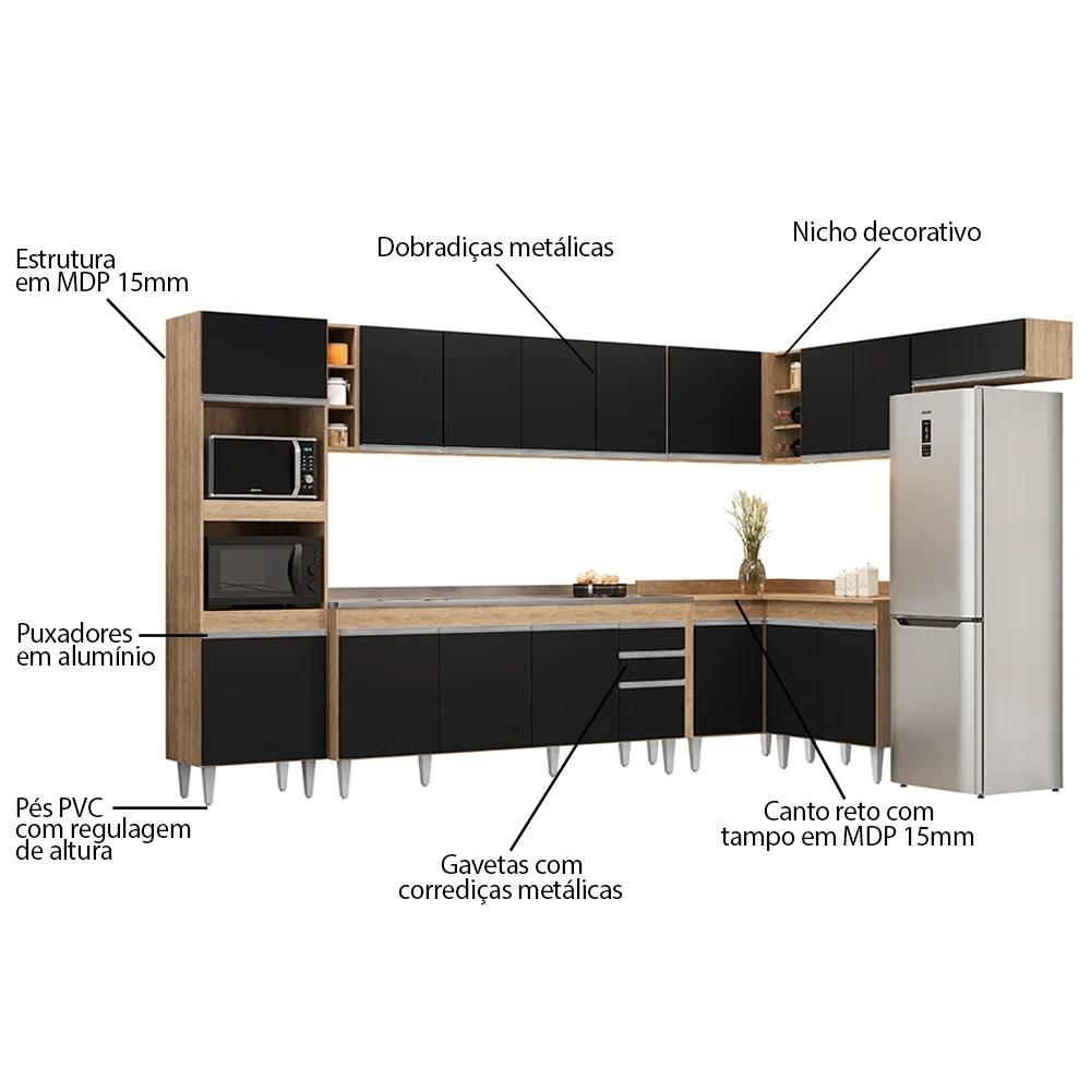 Armário de Cozinha Modulada de Canto 9 Peças CP06 Balcão com Pia Inox Castanho/Preto - Lumil