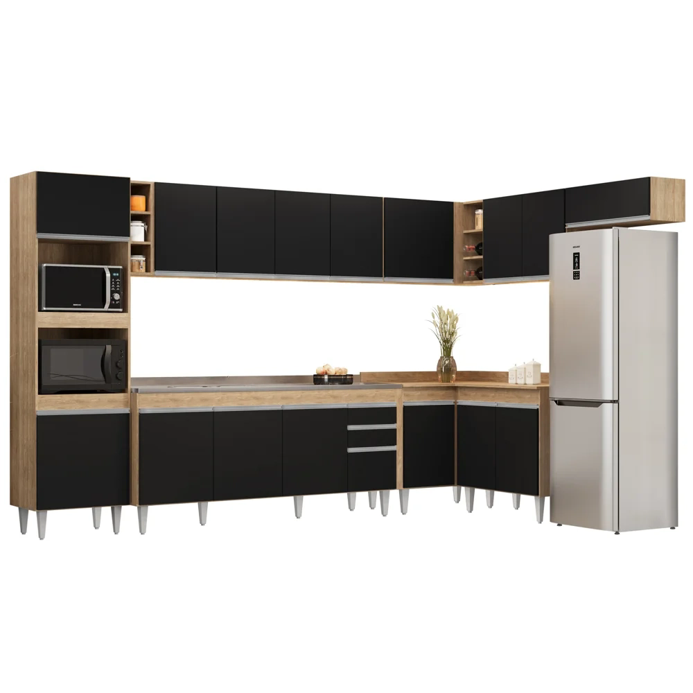 Armário de Cozinha Modulada de Canto 9 Peças CP06 Balcão com Pia Inox Castanho/Preto - Lumil