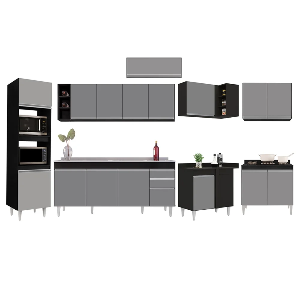Armário de Cozinha Modulada de Canto 9 Peças CP06 Balcão com Pia Inox Preto/Cinza - Lumil