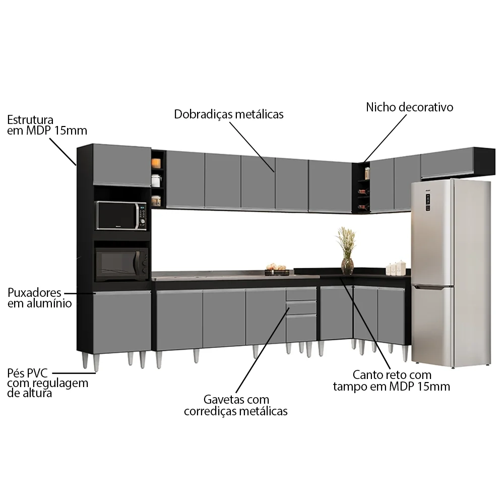 Armário de Cozinha Modulada de Canto 9 Peças CP06 Balcão com Pia Inox Preto/Cinza - Lumil