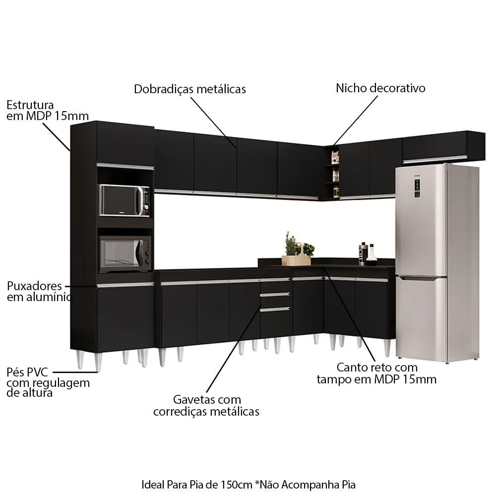Armário de Cozinha Modulada de Canto 8 Peças CP07 Balcão Preto - Lumil