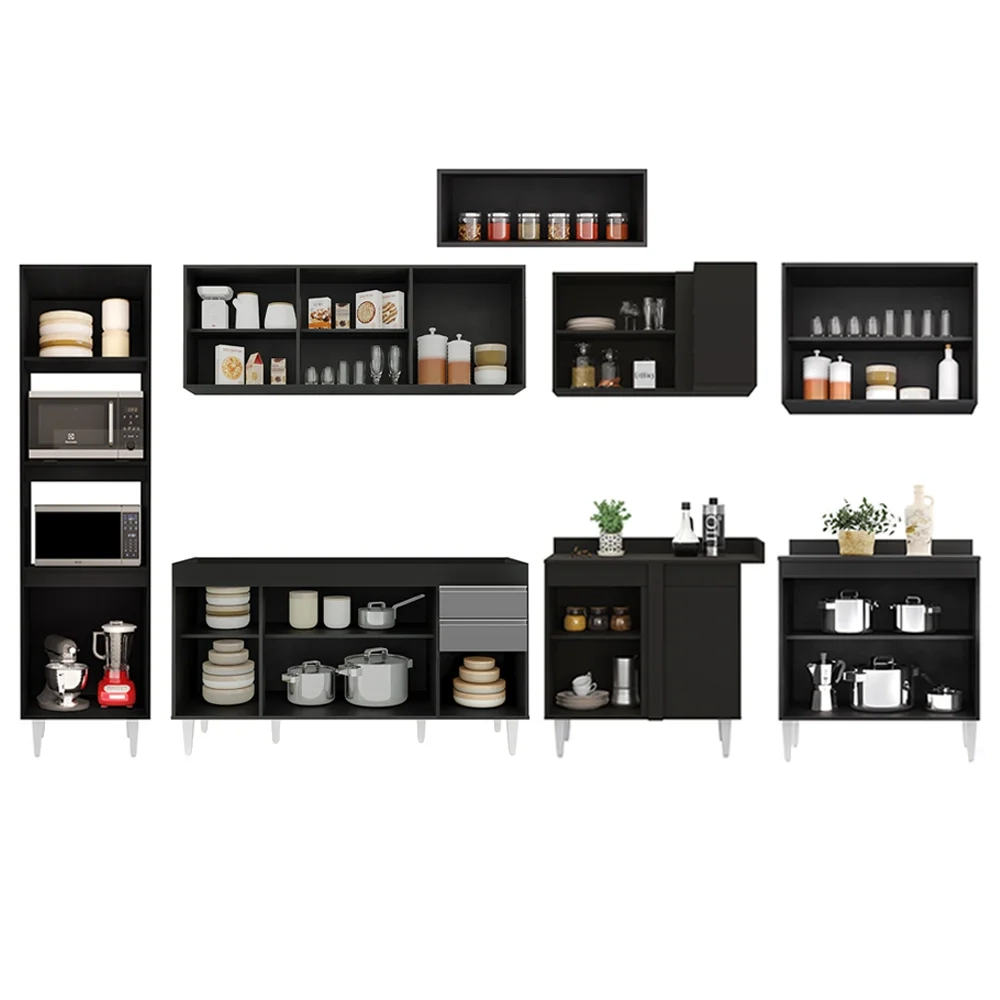 Armário de Cozinha Modulada de Canto 8 Peças CP07 Balcão Preto/Cinza - Lumil