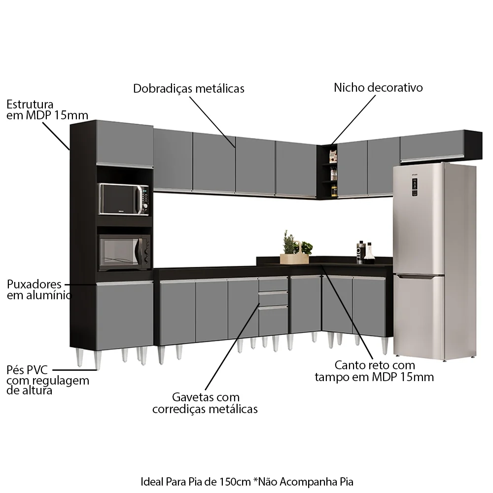 Armário de Cozinha Modulada de Canto 8 Peças CP07 Balcão Preto/Cinza - Lumil
