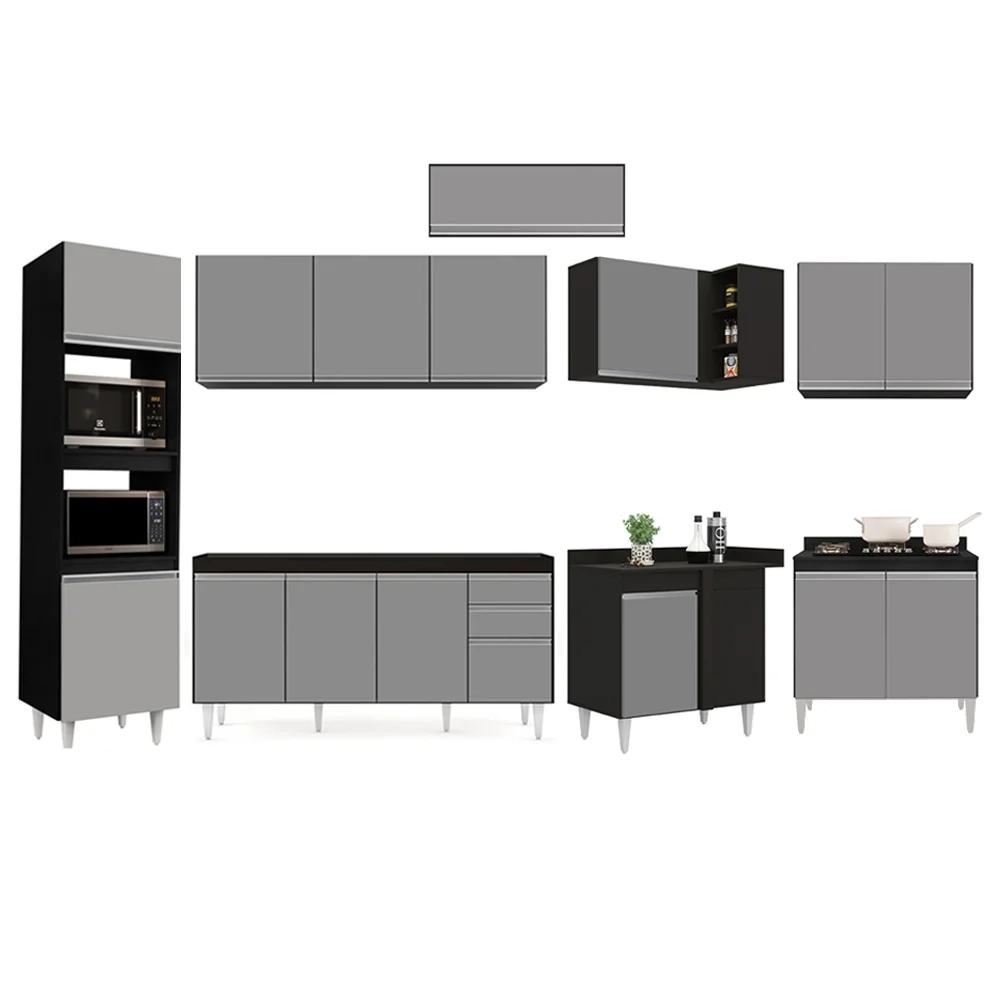 Armário de Cozinha Modulada de Canto 8 Peças CP07 Balcão Preto/Cinza - Lumil