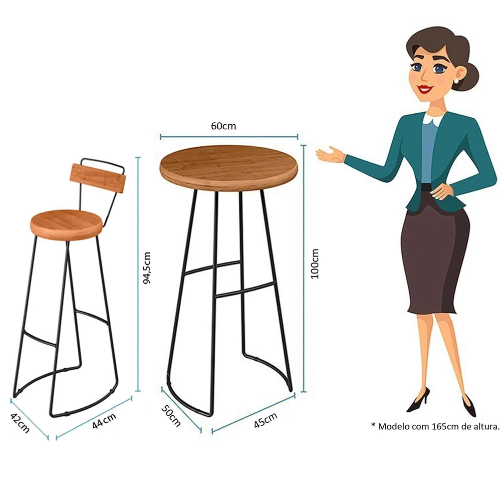 Conjunto Mesa Bistrô Alta e 4 Banquetas com Encosto Estilo Industrial Aura D09 Peroba - Mpozenato