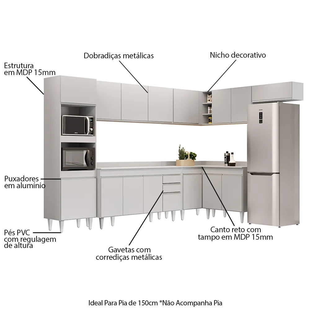 Armário de Cozinha Modulada de Canto 8 Peças CP08 Balcão com Tampo Branco - Lumil