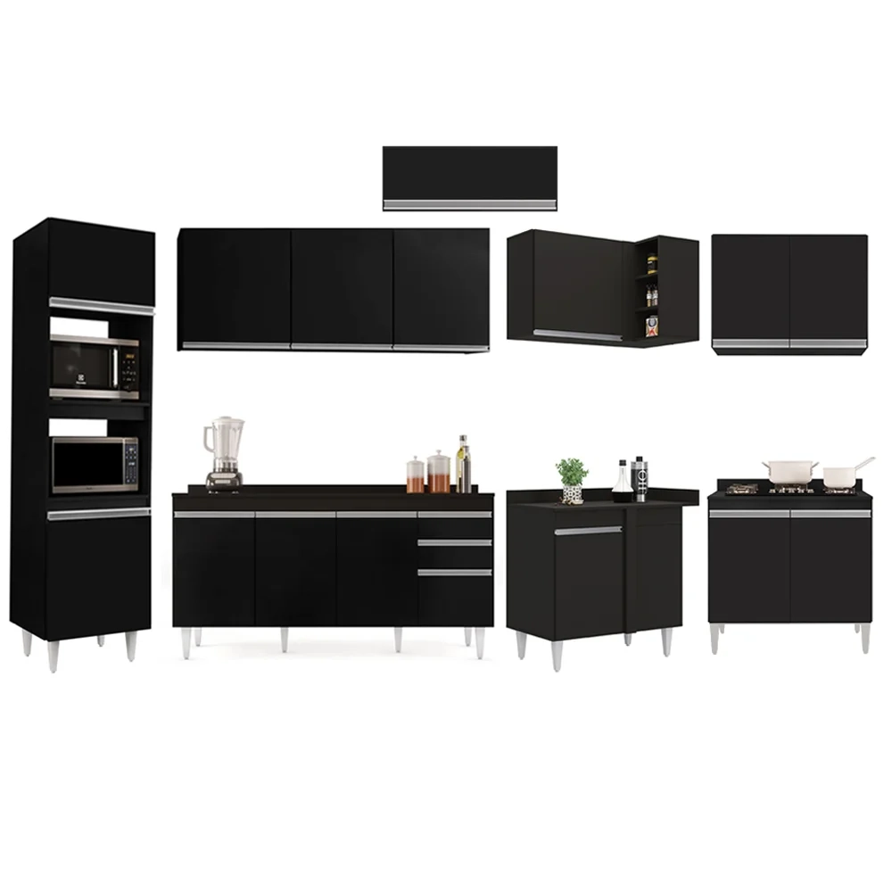 Armário de Cozinha Modulada de Canto 8 Peças CP08 Balcão com Tampo Preto - Lumil
