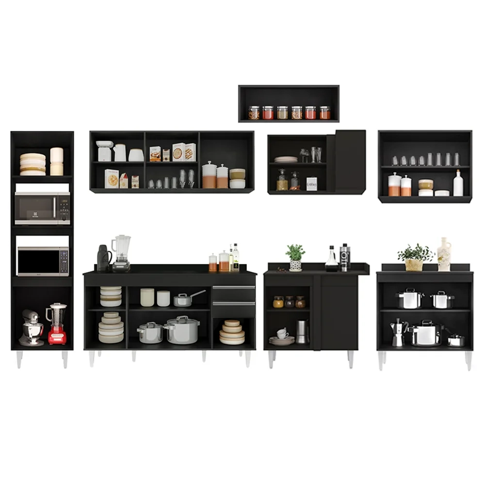Armário de Cozinha Modulada de Canto 8 Peças CP08 Balcão com Tampo Preto - Lumil
