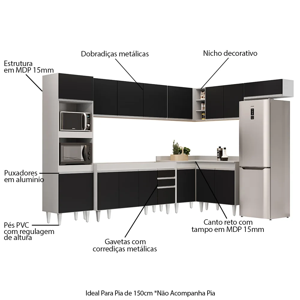 Armário de Cozinha Modulada de Canto 8 Peças CP07 Balcão Branco/Preto - Lumil