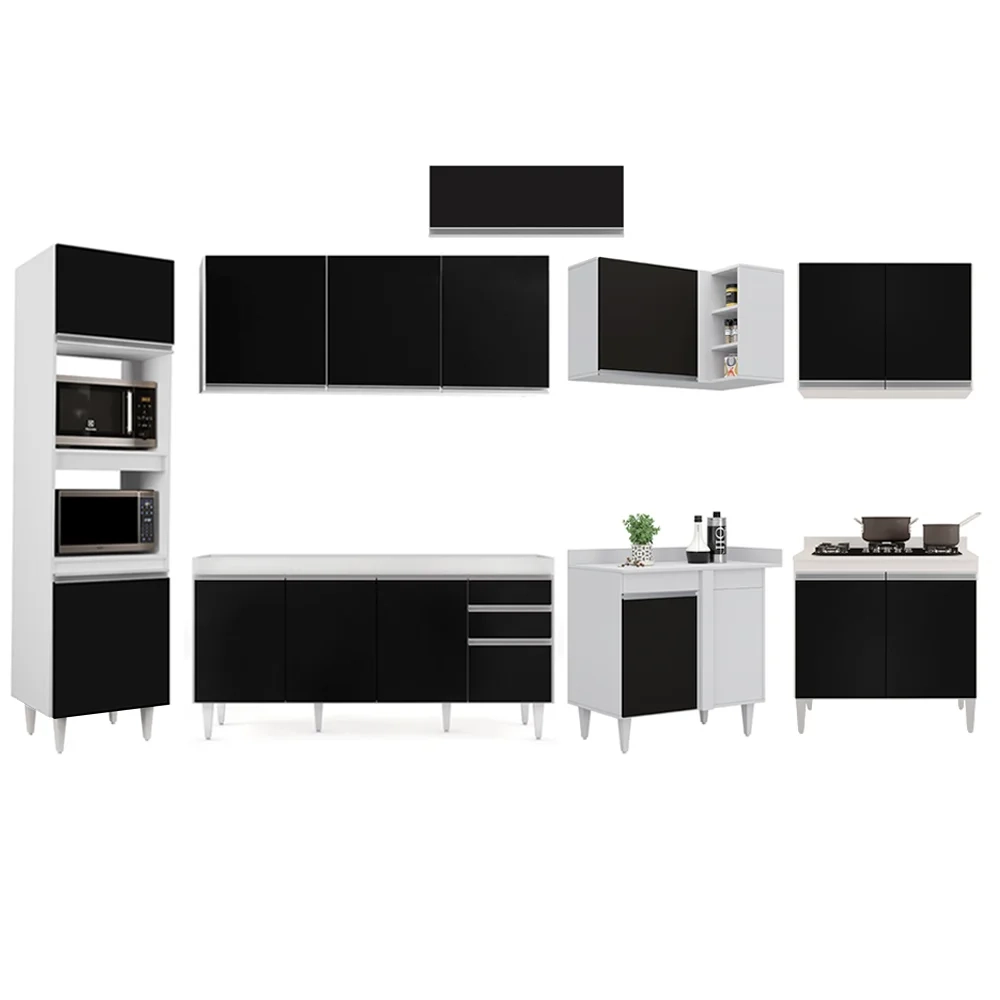 Armário de Cozinha Modulada de Canto 8 Peças CP07 Balcão Branco/Preto - Lumil