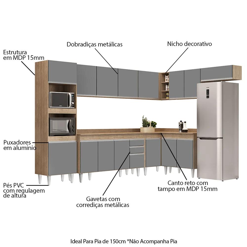 Armário de Cozinha Modulada de Canto 8 Peças CP08 Balcão com Tampo Castanho/Cinza - Lumil