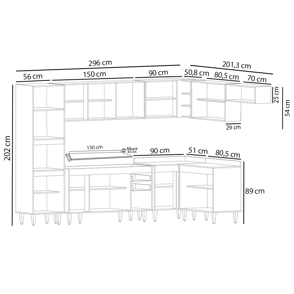 Armário de Cozinha Modulada de Canto 8 Peças CP08 Balcão com Tampo Branco/Preto - Lumil