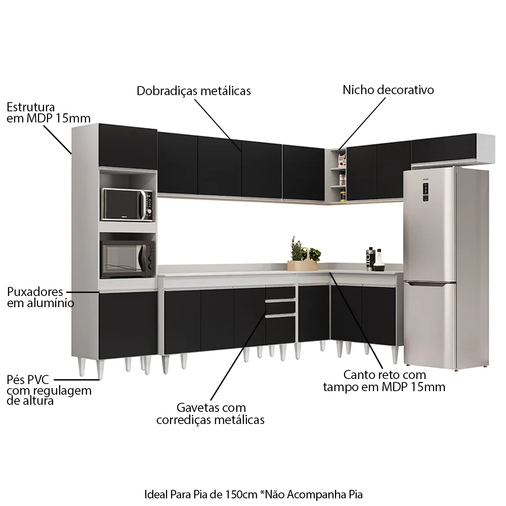 Armário de Cozinha Modulada de Canto 8 Peças CP08 Balcão com Tampo Branco/Preto - Lumil