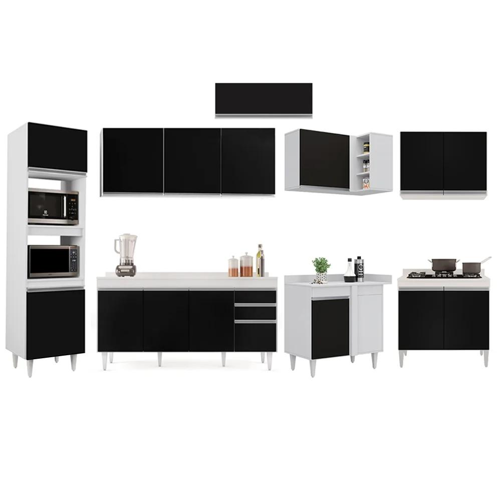 Armário de Cozinha Modulada de Canto 8 Peças CP08 Balcão com Tampo Branco/Preto - Lumil