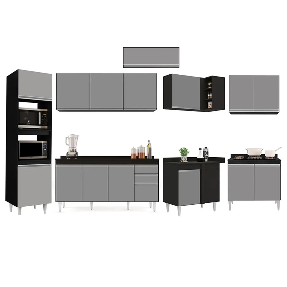 Armário de Cozinha Modulada de Canto 8 Peças CP08 Balcão com Tampo Preto/Cinza - Lumil
