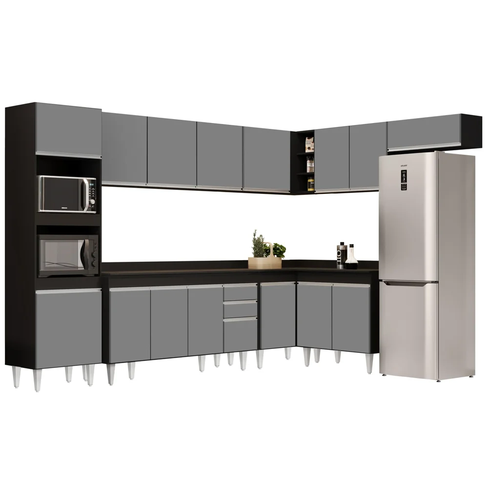 Armário de Cozinha Modulada de Canto 8 Peças CP08 Balcão com Tampo Preto/Cinza - Lumil