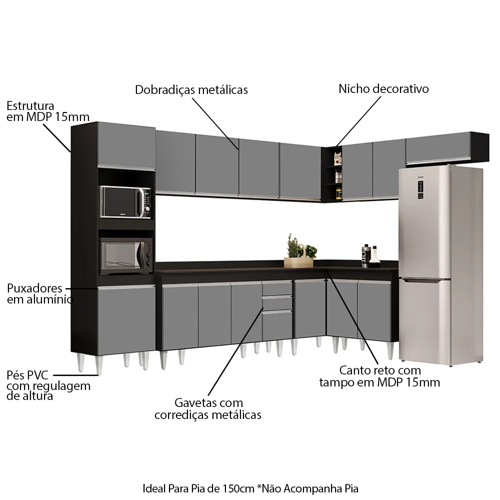 Armário de Cozinha Modulada de Canto 8 Peças CP08 Balcão com Tampo Preto/Cinza - Lumil