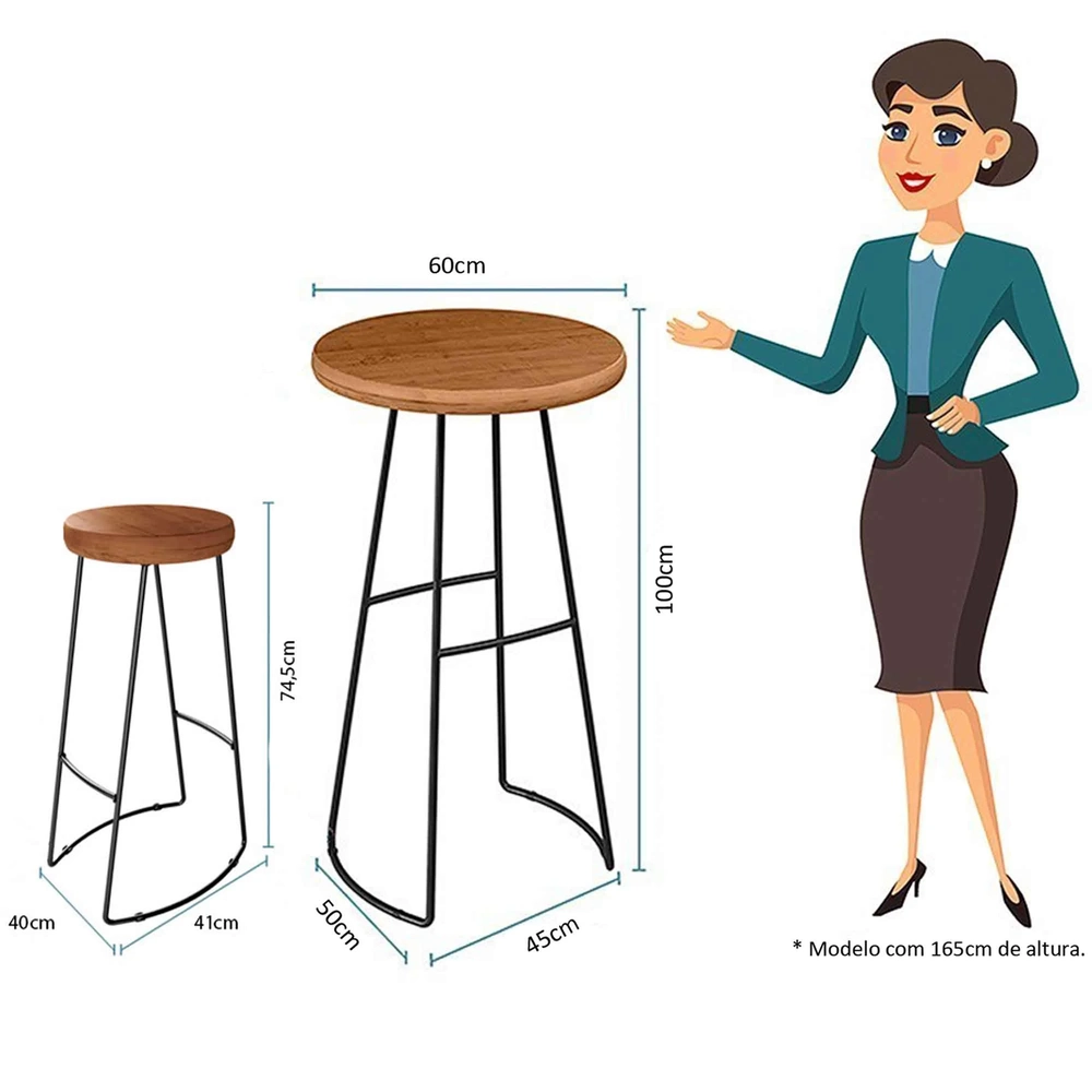 Conjunto Mesa Bistrô Alta e 2 Banquetas Estilo Industrial Aura D09 Peroba - Mpozenato