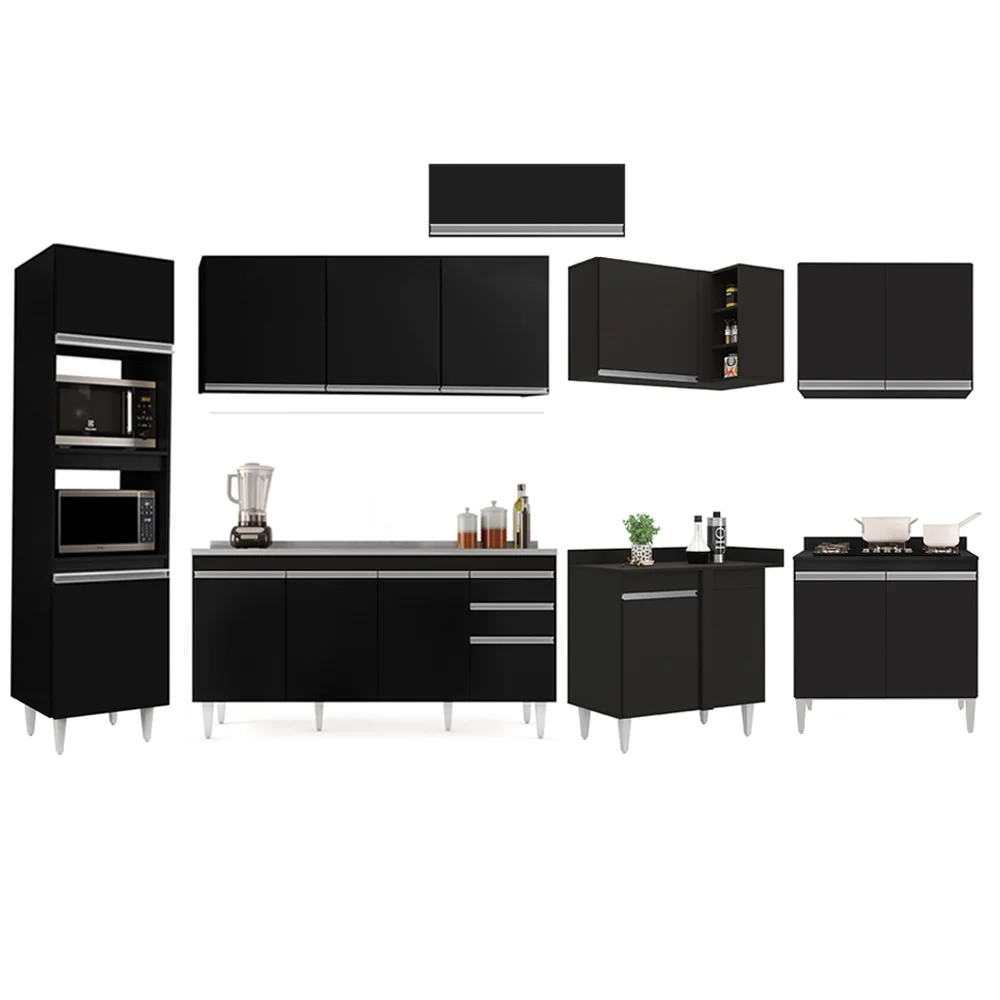 Armário de Cozinha Modulada de Canto 8 Peças CP09 Balcão com Pia Inox Preto - Lumil