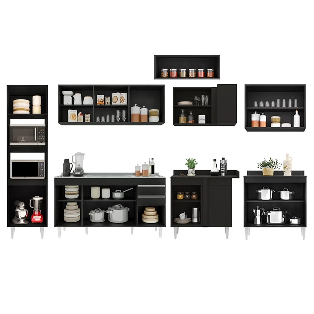 Armário de Cozinha Modulada de Canto 8 Peças CP09 Balcão com Pia Inox Preto - Lumil