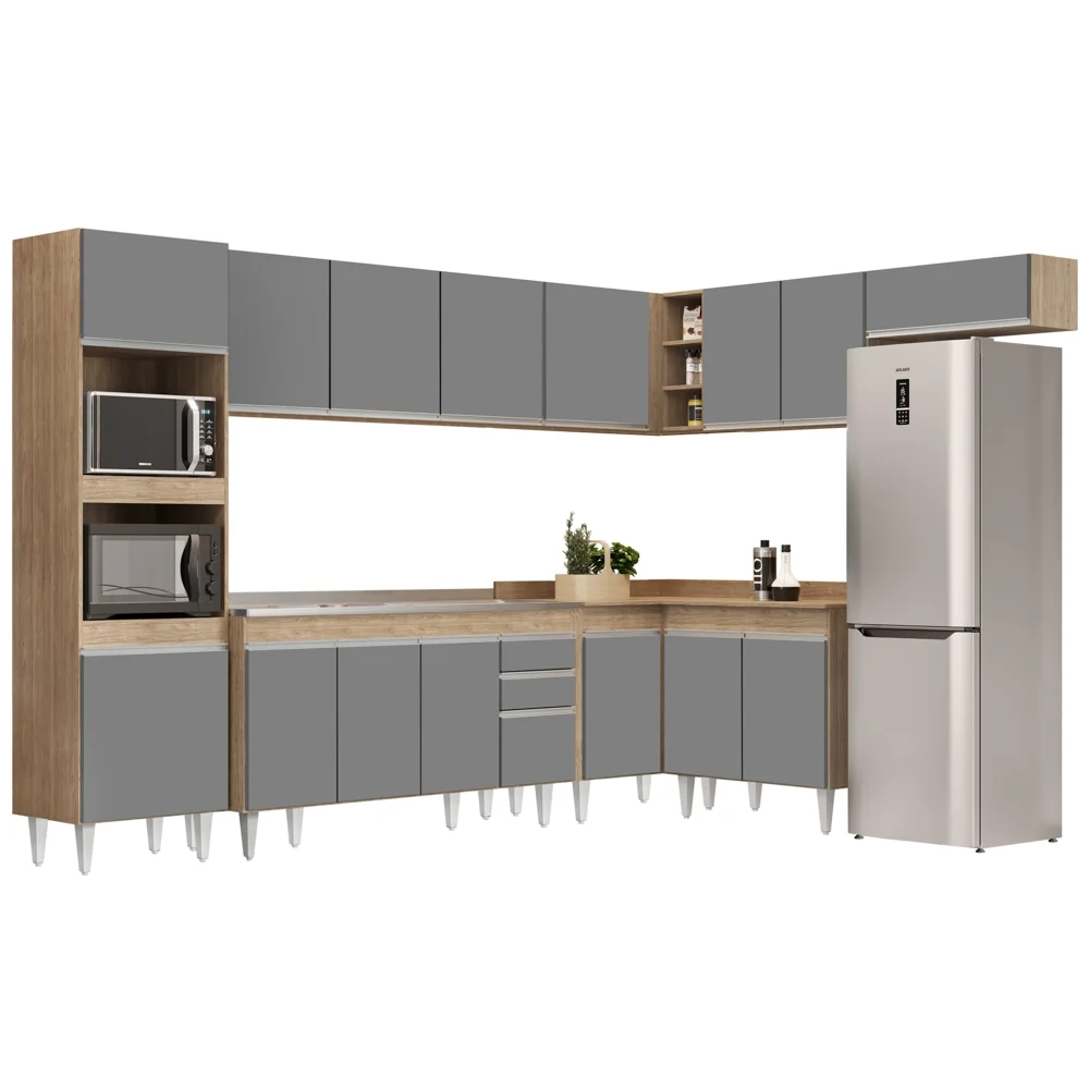 Armário de Cozinha Modulada de Canto 8 Peças CP09 Balcão com Pia Inox Castanho/Cinza - Lumil