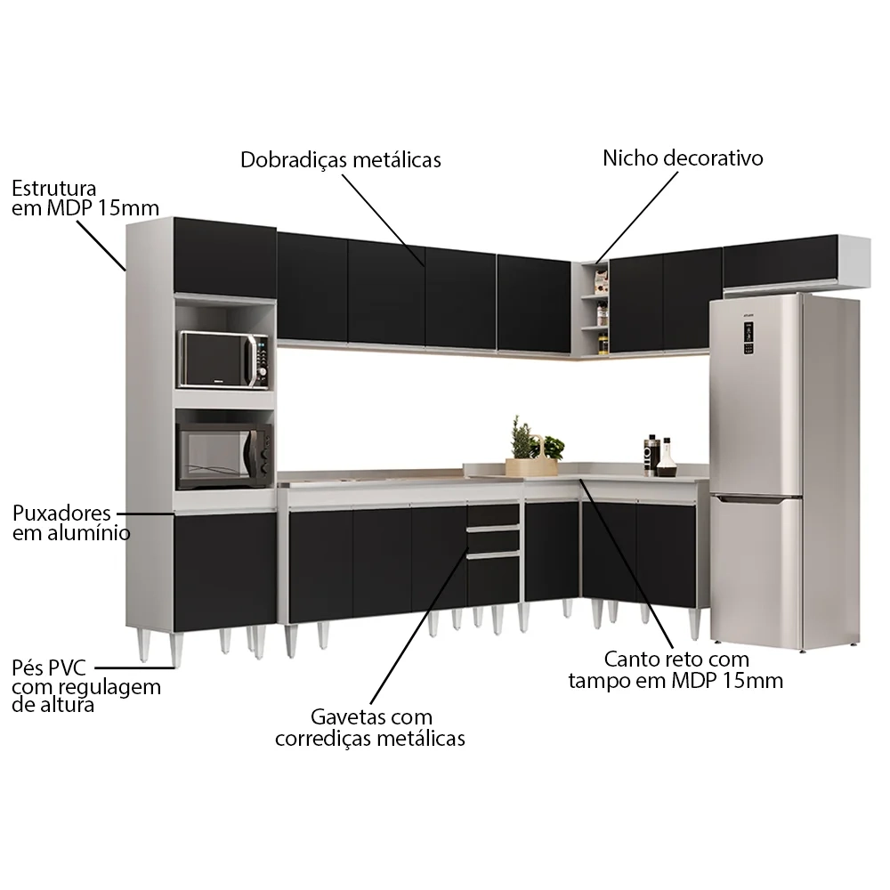 Armário de Cozinha Modulada de Canto 8 Peças CP09 Balcão com Pia Inox Branco/Preto - Lumil