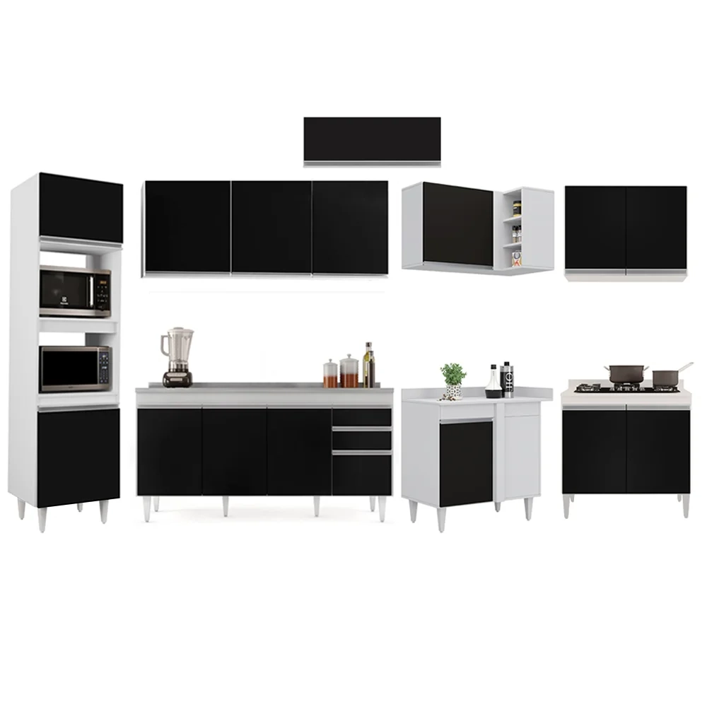 Armário de Cozinha Modulada de Canto 8 Peças CP09 Balcão com Pia Inox Branco/Preto - Lumil