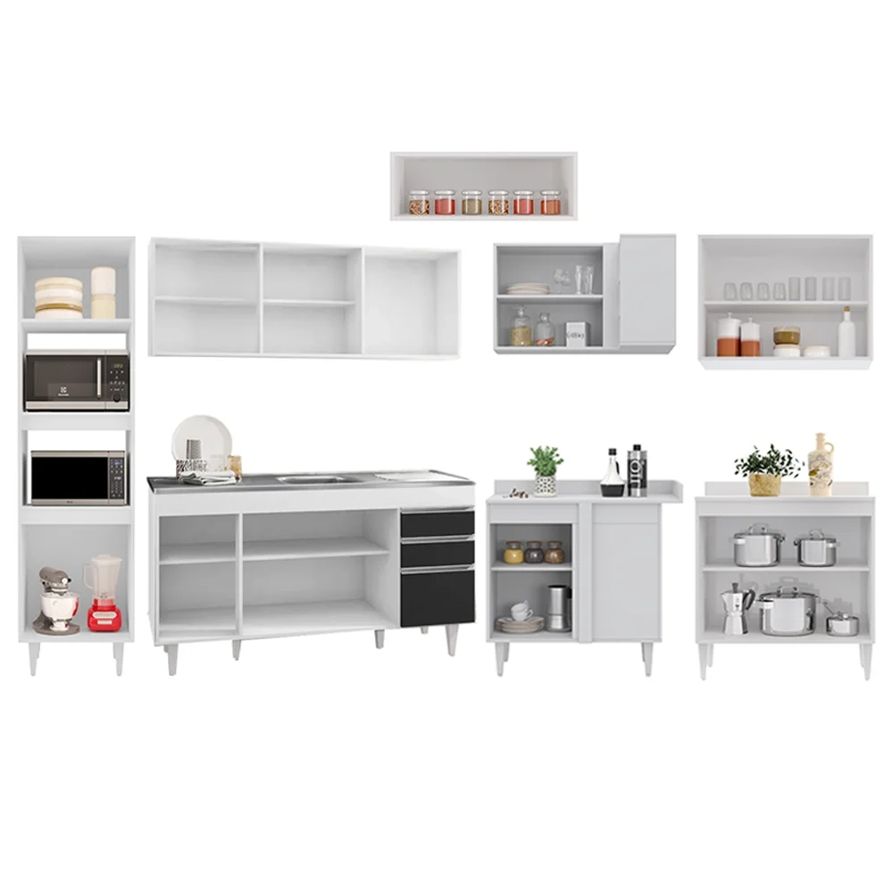Armário de Cozinha Modulada de Canto 8 Peças CP09 Balcão com Pia Inox Branco/Preto - Lumil
