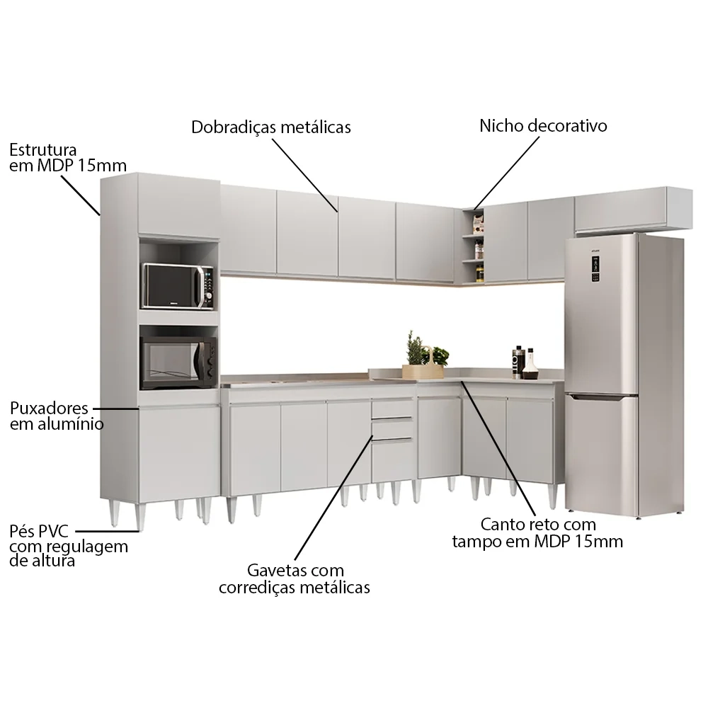Armário de Cozinha Modulada de Canto 8 Peças CP09 Balcão com Pia Inox Branco - Lumil