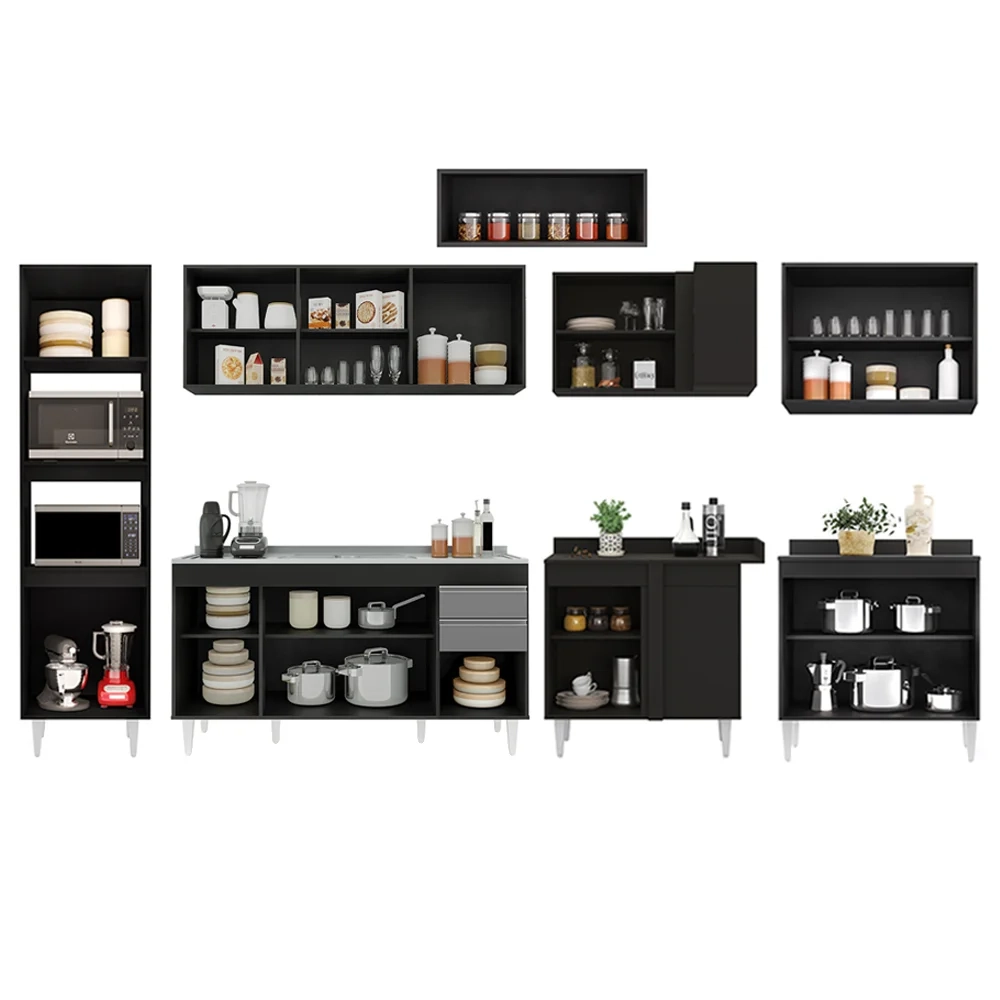 Armário de Cozinha Modulada de Canto 8 Peças CP09 Balcão com Pia Inox Preto/Cinza - Lumil
